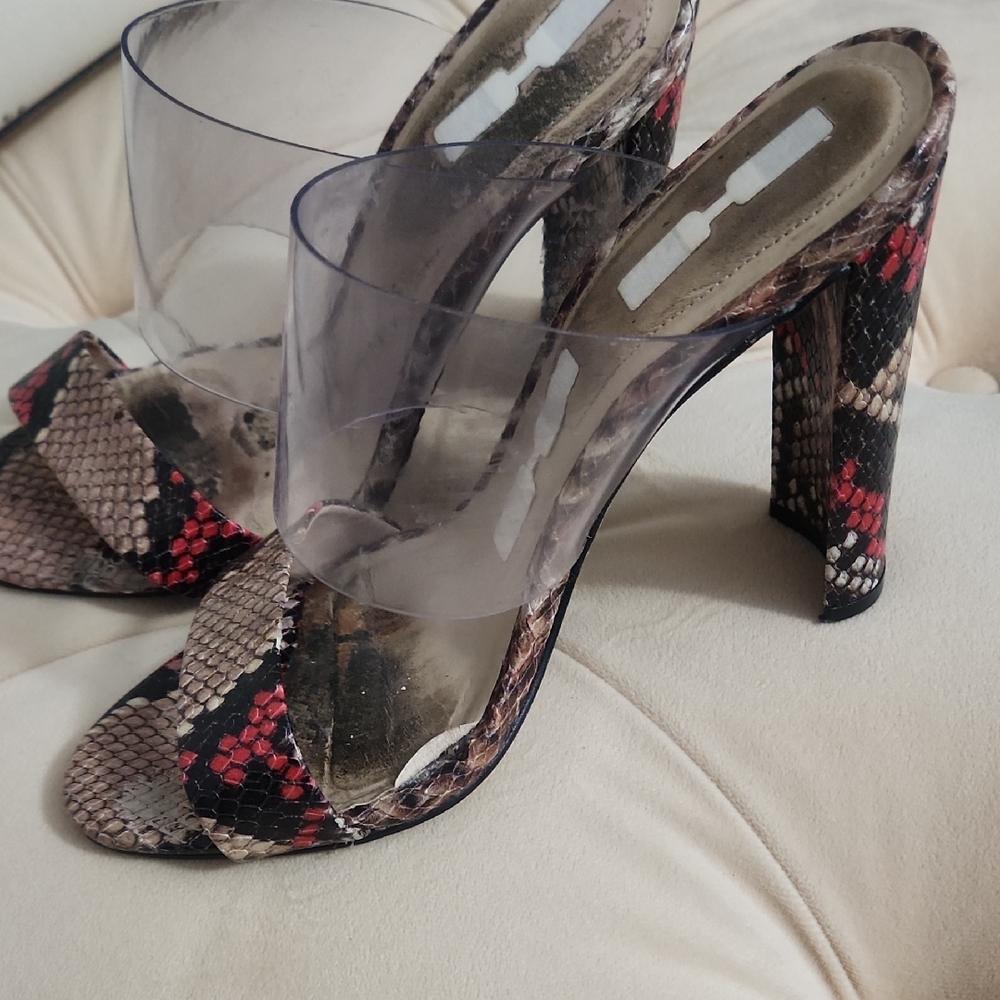 Stylish Snakeskin and Clear Strap Heels